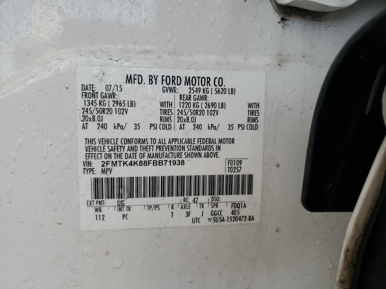 2015 Ford Edge VIN 2FMTK4K88FBB71938 Copart auction photo, rear end damage thumbnail 13