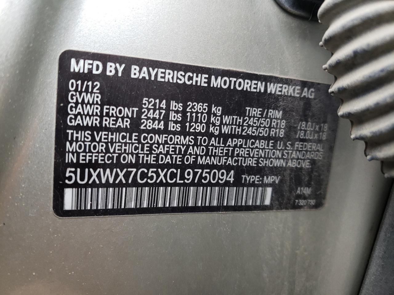 2012 BMW X3 VIN 5UXWX7C5XCL975094 Copart auction photo, all over damage thumbnail 15