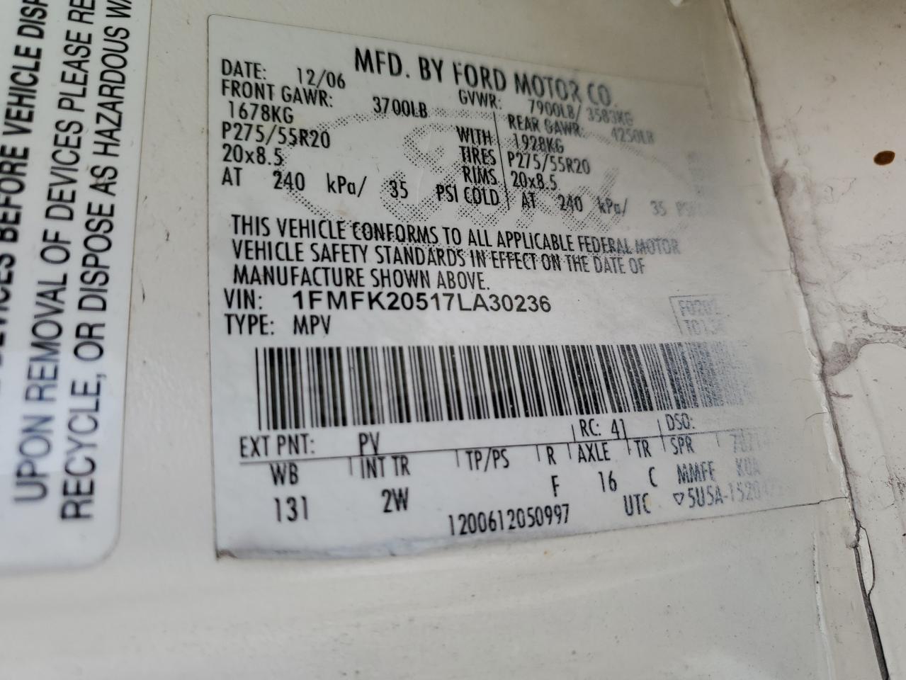 2007 Ford Expedition VIN 1FMFK20517LA30236 Copart auction photo, side / minor dent/scratches damage thumbnail 13
