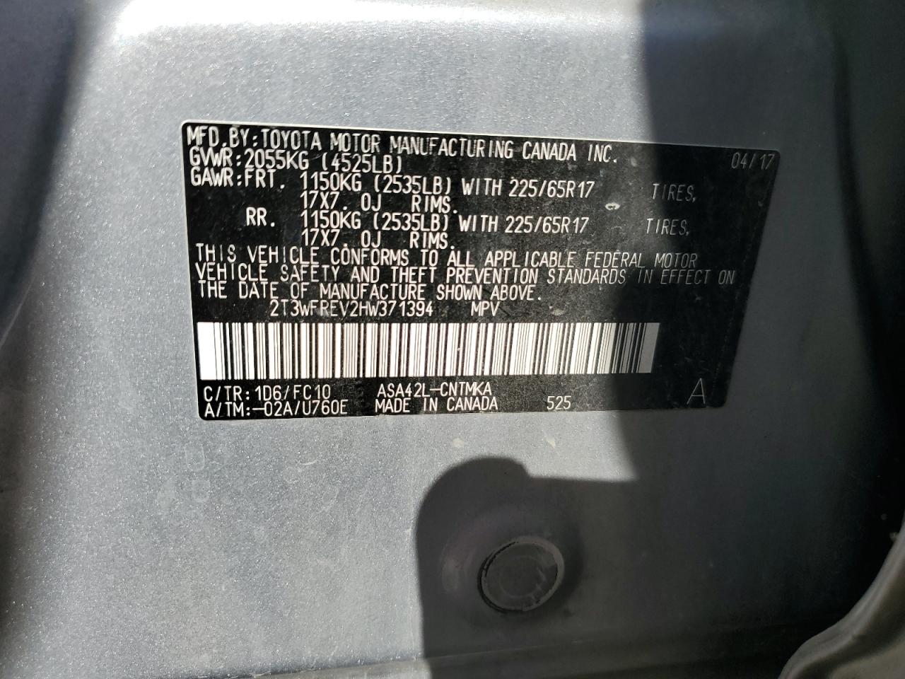 2017 Toyota RAV 4 VIN 2T3WFREV2HW371394 Copart auction photo, all over / hail damage thumbnail 16