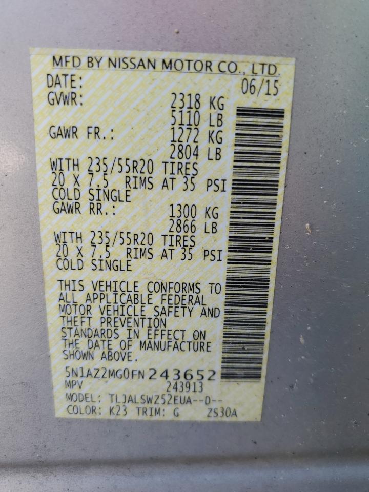 2015 Nissan Murano VIN 5N1AZ2MG0FN243652 Copart auction photo, all over / undercarriage damage thumbnail 14