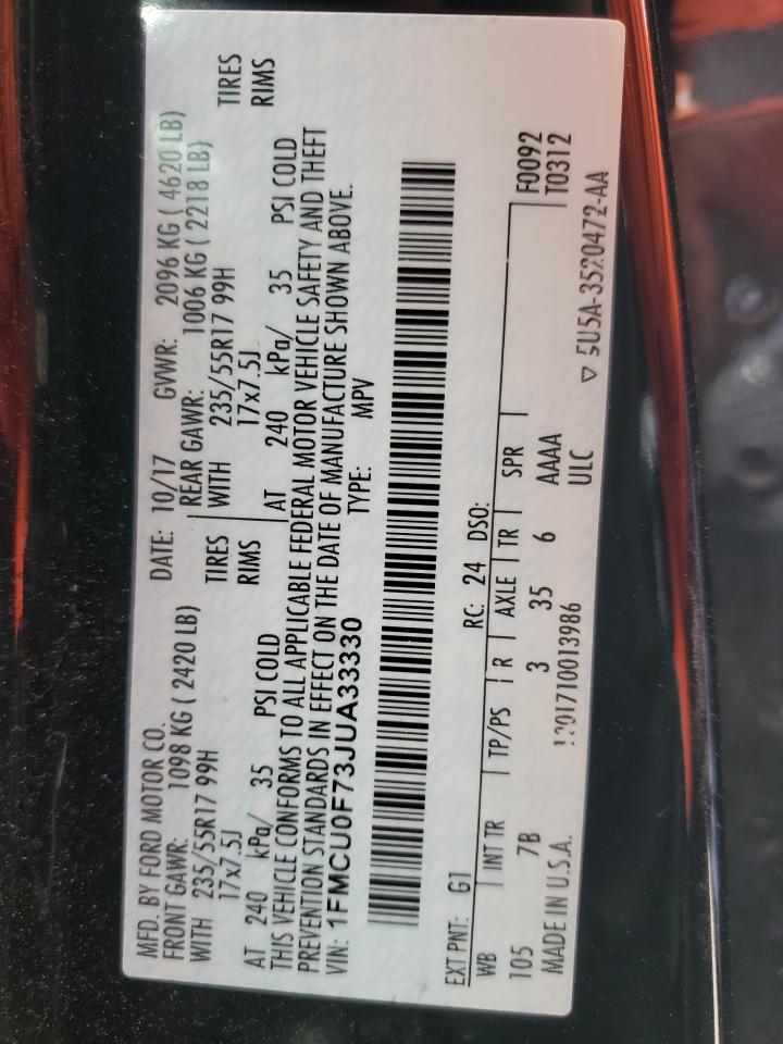 2018 Ford Escape VIN 1FMCU0F73JUA33330 Copart auction photo, front end / minor dent/scratches damage thumbnail 13