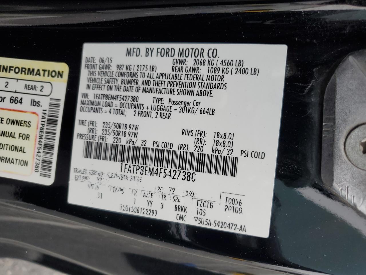 2015 Ford Mustang VIN 1FATP8EM4F5427380 Copart auction photo, front end / side damage thumbnail 14