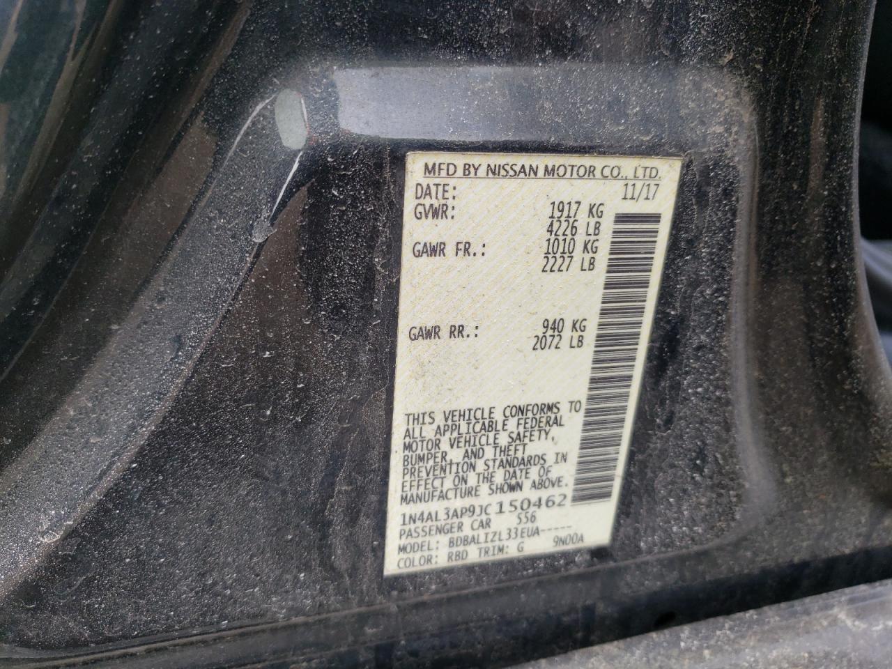 2018 Nissan Altima VIN 1N4AL3AP9JC150462 Copart auction photo, front end / top/roof damage thumbnail 14