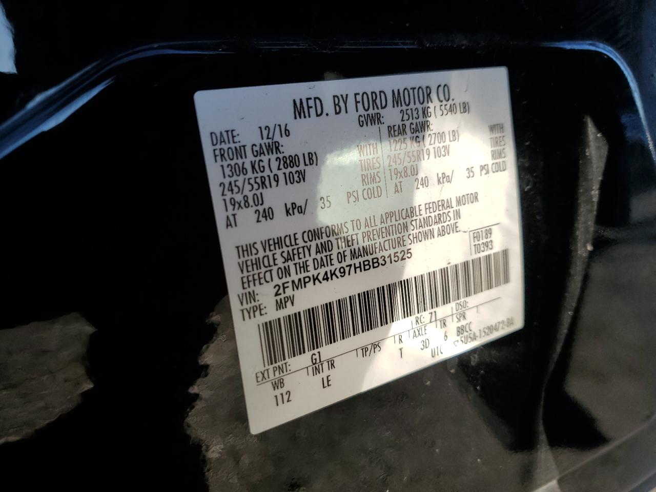 2017 Ford Edge VIN 2FMPK4K97HBB31525 Copart auction photo, front end damage thumbnail 15