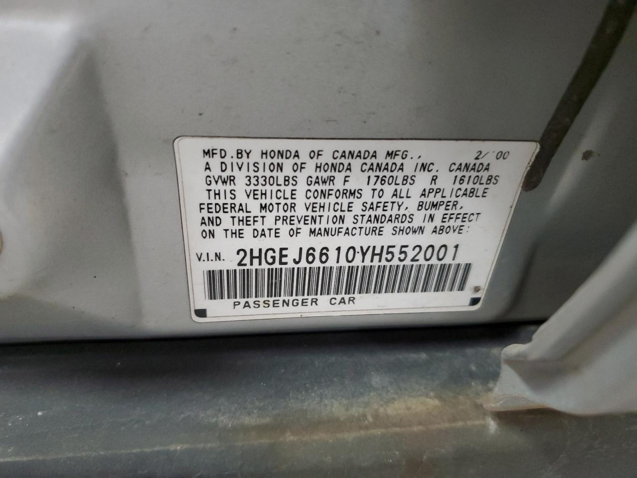 2000 Honda Civic VIN 2HGEJ6610YH552001 Copart auction photo, hail / front end damage thumbnail 12