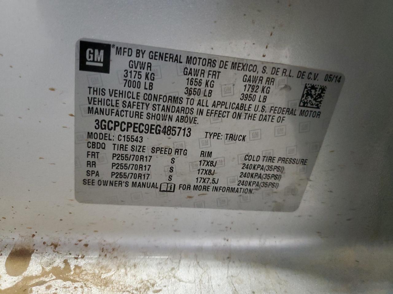 2014 Chevrolet Silverado VIN 3GCPCPEC9EG485713 Copart auction photo, front end / side damage thumbnail 15