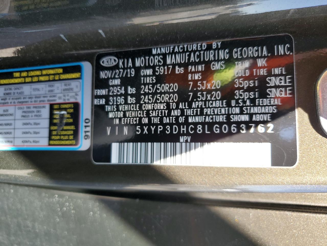 2020 KIA Telluride VIN 5XYP3DHC8LG063762 Copart auction photo, front end damage thumbnail 13