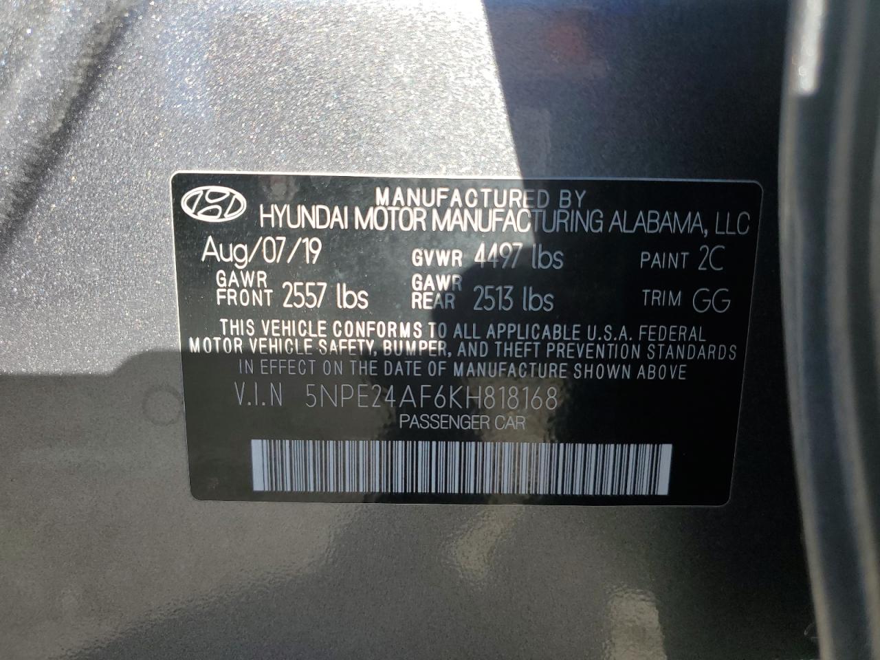 2019 Hyundai Sonata VIN 5NPE24AF6KH818168 Copart auction photo, vandalism / undercarriage damage thumbnail 12