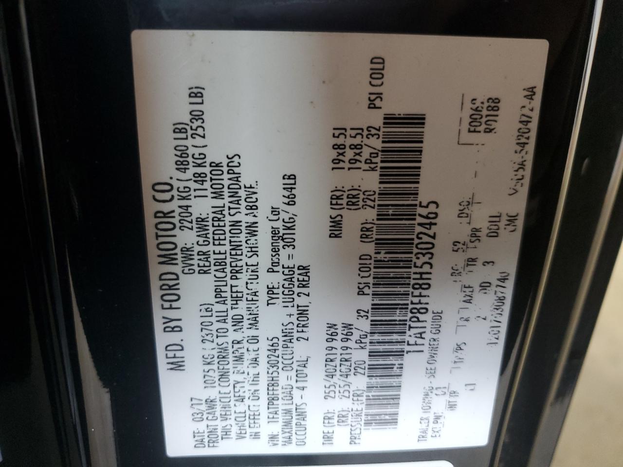 2017 Ford Mustang VIN 1FATP8FF8H5302465 Copart auction photo, front end / minor dent/scratches damage thumbnail 14