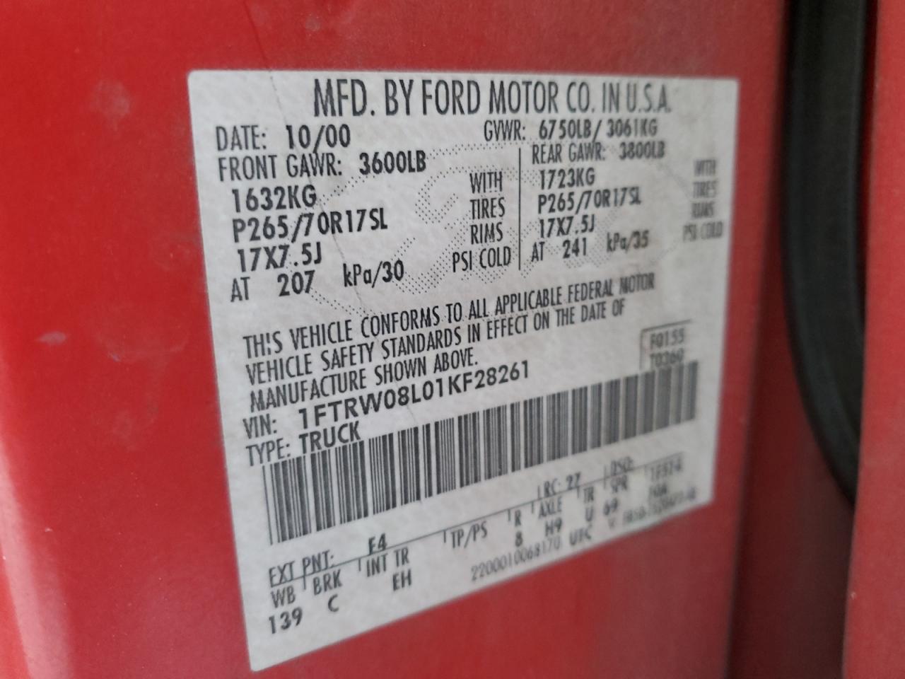 2001 Ford F-150 VIN 1FTRW08L01KF28261 Copart auction photo, side damage thumbnail 12
