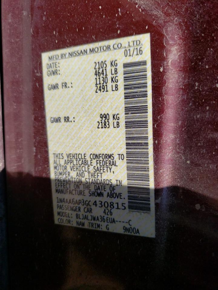 2016 Nissan Maxima VIN 1N4AA6AP3GC430815 Copart auction photo, water/flood / front end damage thumbnail 12