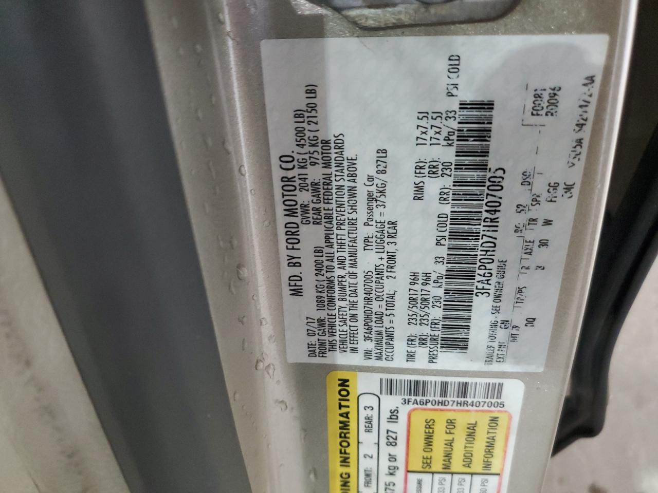 2017 Ford Fusion VIN 3FA6P0HD7HR407005 Copart auction photo, front end / undercarriage damage thumbnail 15