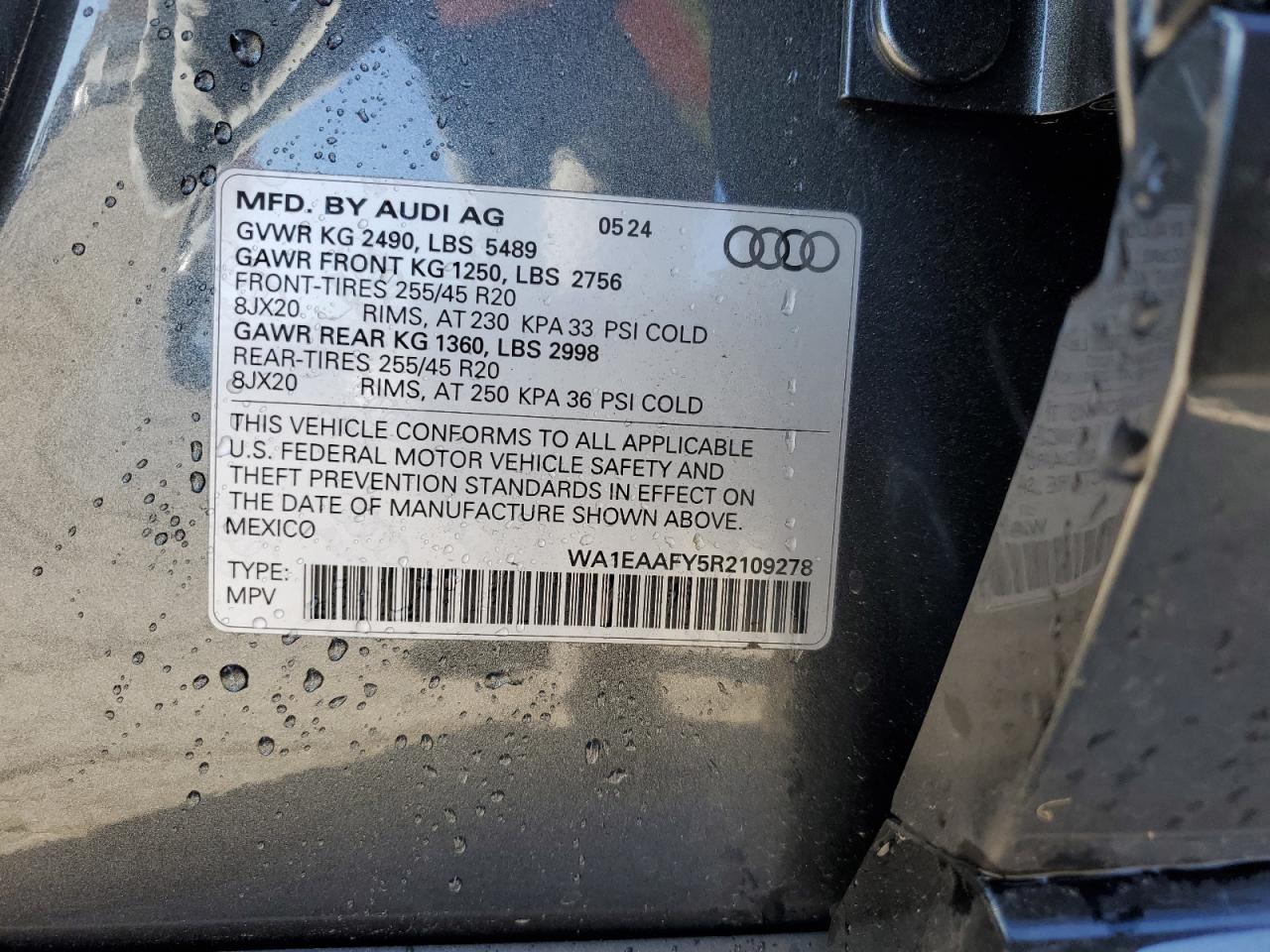2024 Audi Q5 VIN WA1EAAFY5R2109278 Copart auction photo, side damage thumbnail 13
