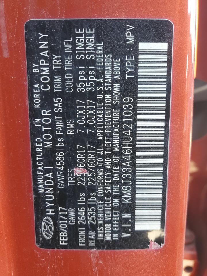 2017 Hyundai Tucson VIN KM8J33A46HU421039 Copart auction photo, side / rear end damage thumbnail 14