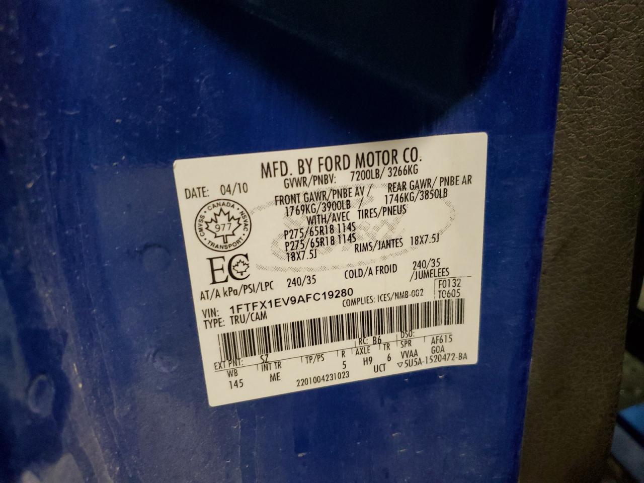 2010 Ford F-150 VIN 1FTFX1EV9AFC19280 Copart auction photo, front end / rear end damage thumbnail 12