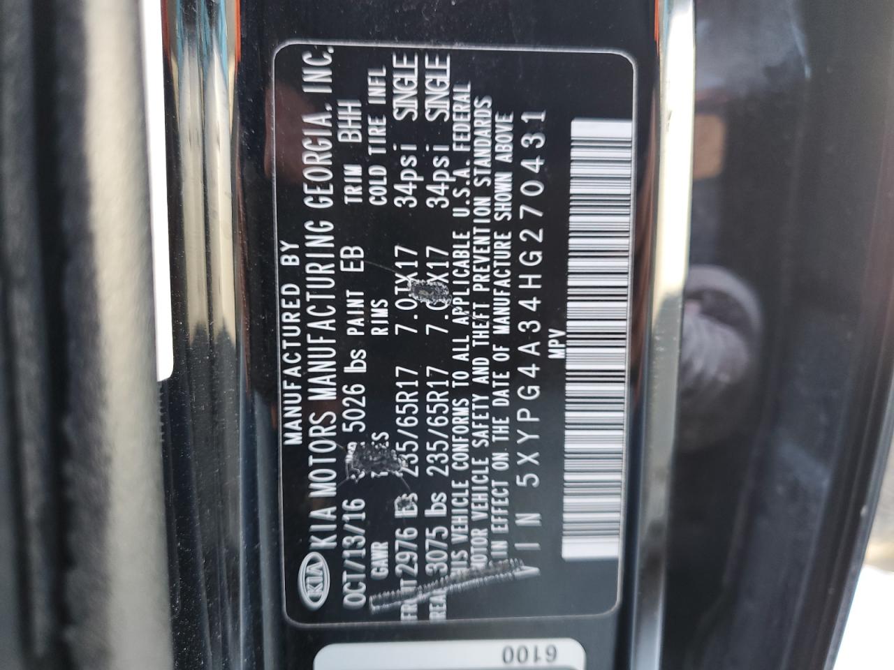 2017 KIA Sorento VIN 5XYPG4A34HG270431 Copart auction photo, front end damage thumbnail 13