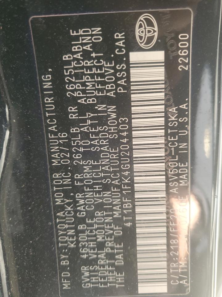 2016 Toyota Camry VIN 4T1BF1FK4GU204403 Copart auction photo, rear end damage thumbnail 12