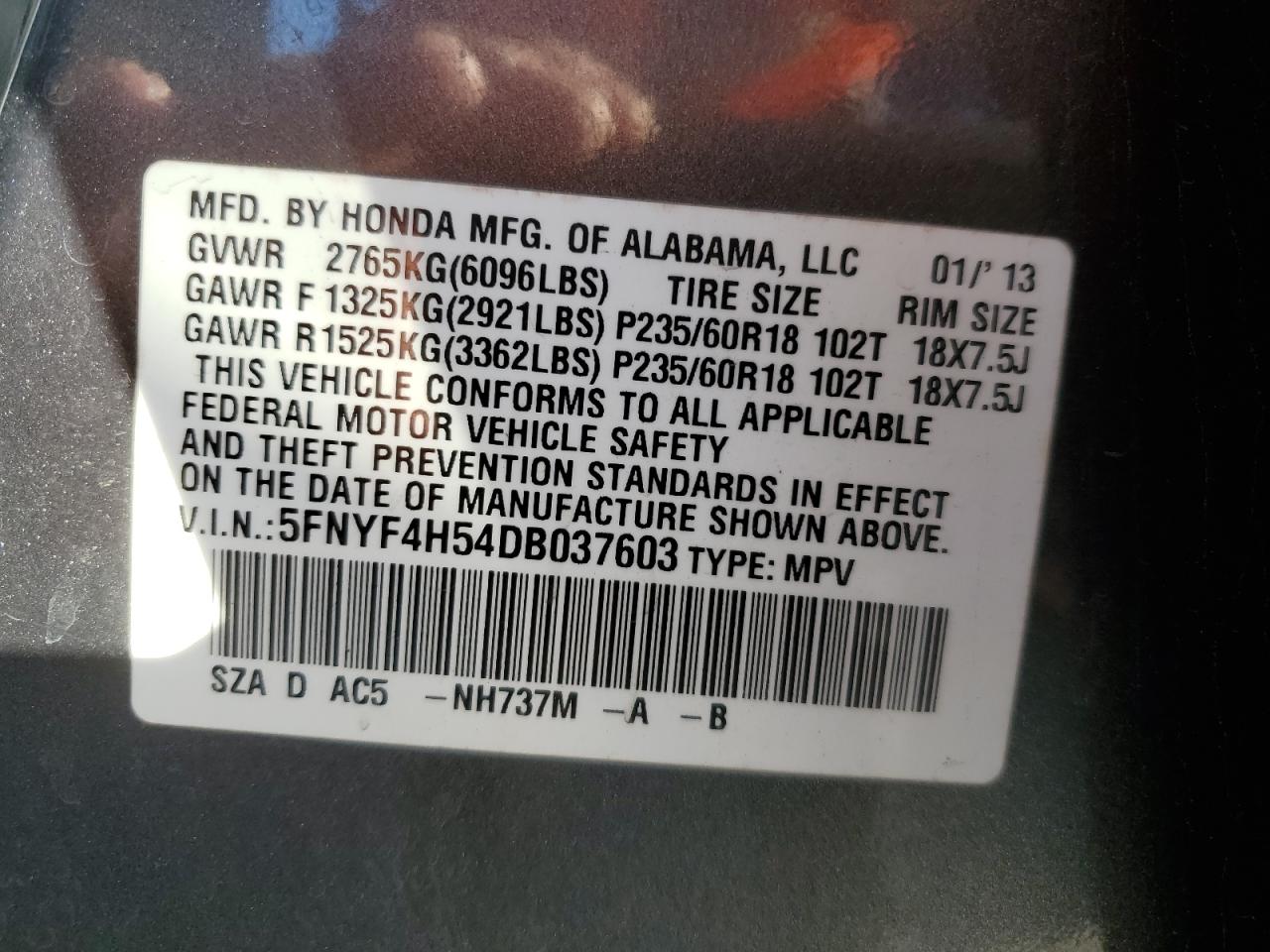 2013 Honda Pilot VIN 5FNYF4H54DB037603 Copart auction photo, front end damage thumbnail 13