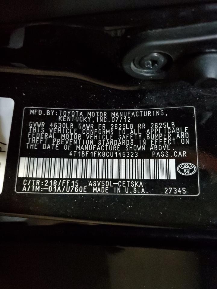 2012 Toyota Camry VIN 4T1BF1FK8CU146323 Copart auction photo, front end / side damage thumbnail 13