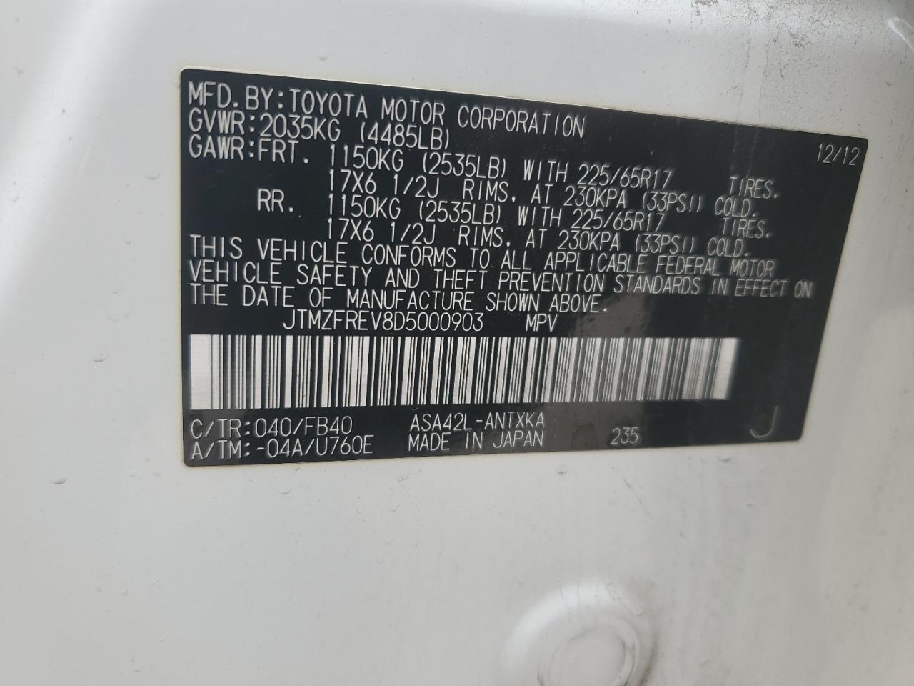 2013 Toyota RAV 4 VIN JTMZFREV8D5000903 Copart auction photo, side / front end damage thumbnail 13