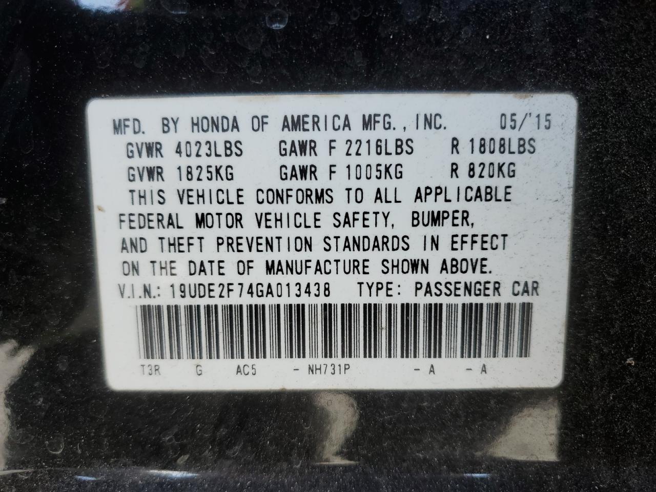 2016 Acura ILX VIN 19UDE2F74GA013438 Copart auction photo, top/roof damage thumbnail 12