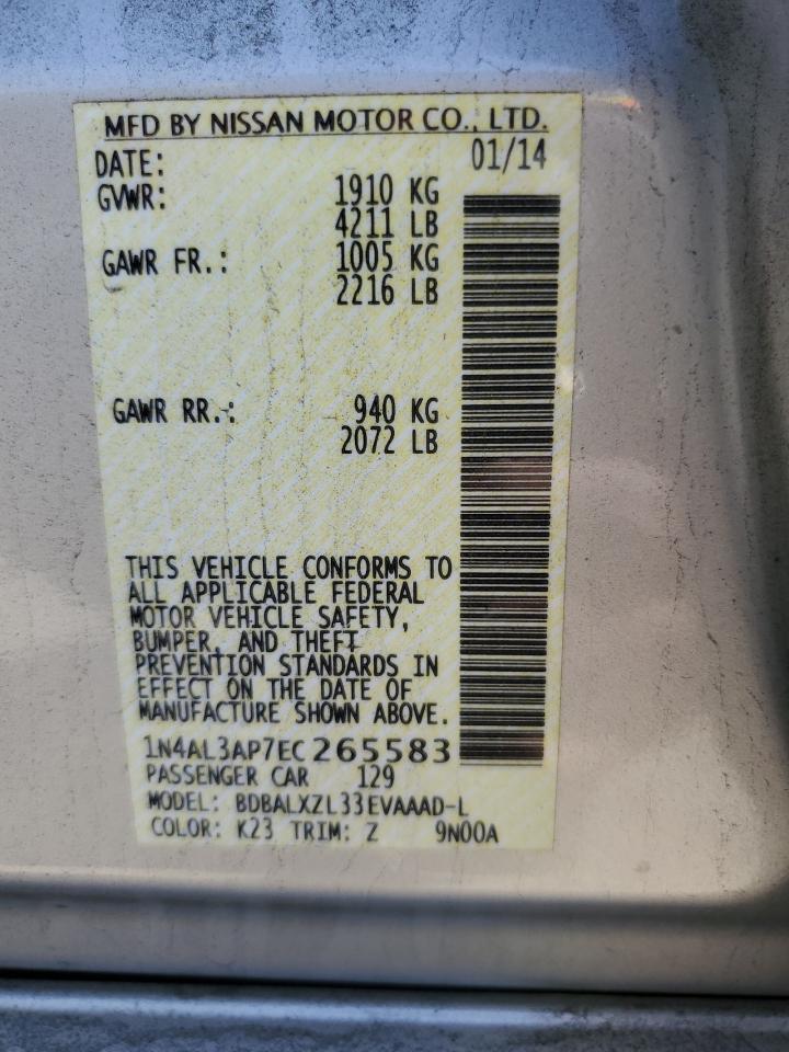2014 Nissan Altima VIN 1N4AL3AP7EC265583 Copart auction photo, rear end damage thumbnail 12