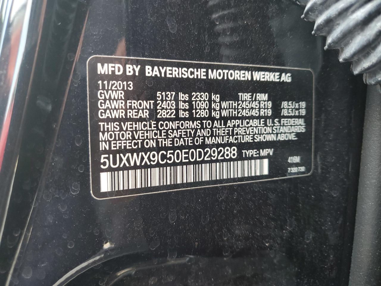 2014 BMW X3 VIN 5UXWX9C50E0D29288 Copart auction photo, top/roof damage thumbnail 13