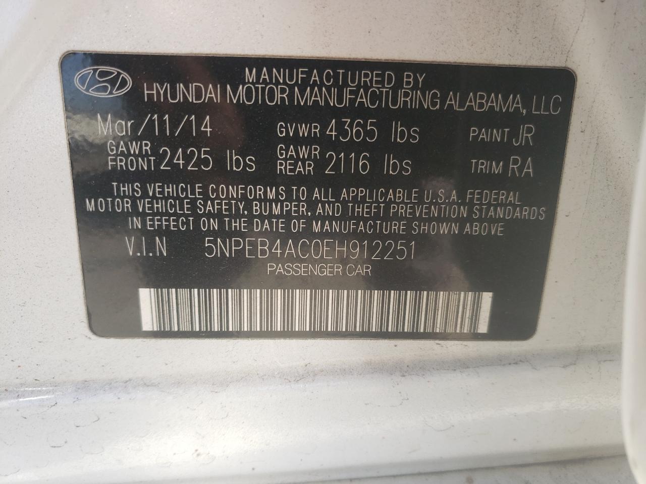 2014 Hyundai Sonata VIN 5NPEB4AC0EH912251 Copart auction photo, side / minor dent/scratches damage thumbnail 12
