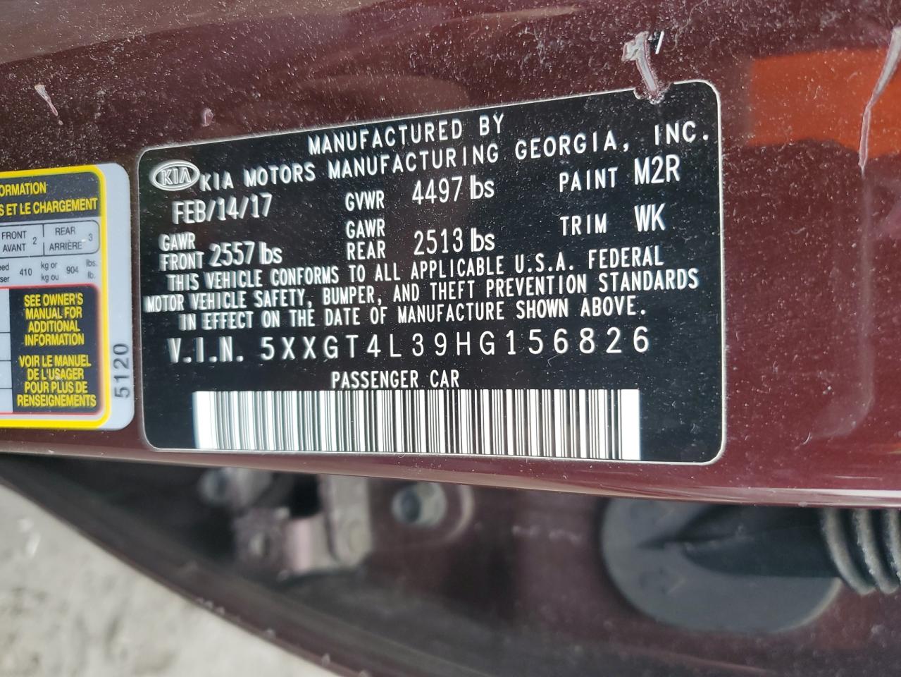 2017 KIA Optima VIN 5XXGT4L39HG156826 Copart auction photo, side / front end damage thumbnail 12