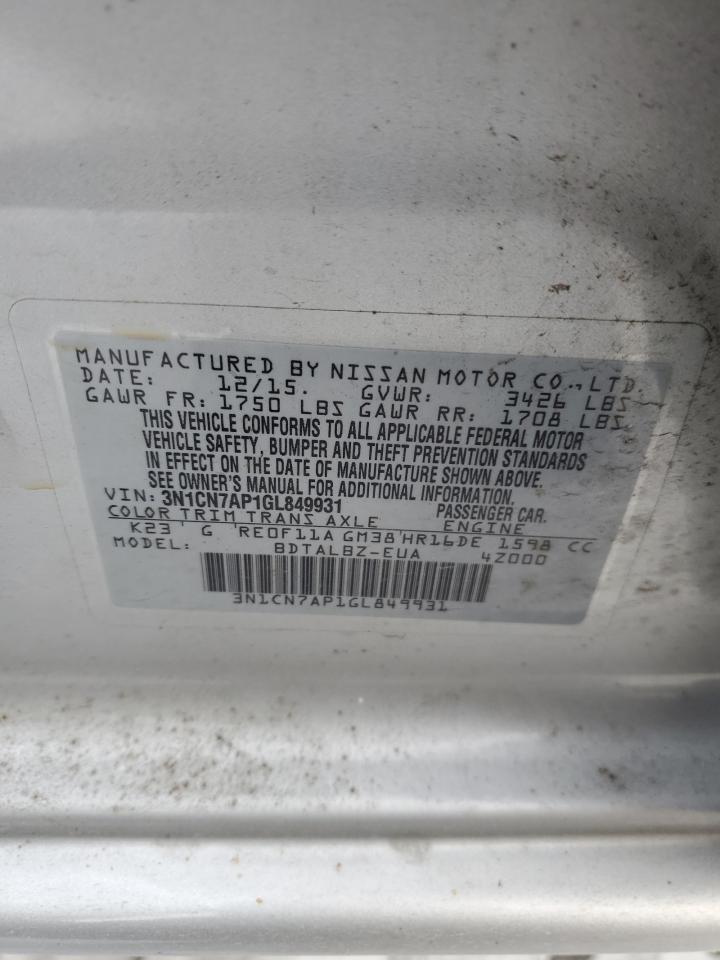 2016 Nissan Versa VIN 3N1CN7AP1GL849931 Copart auction photo, front end / side damage thumbnail 12