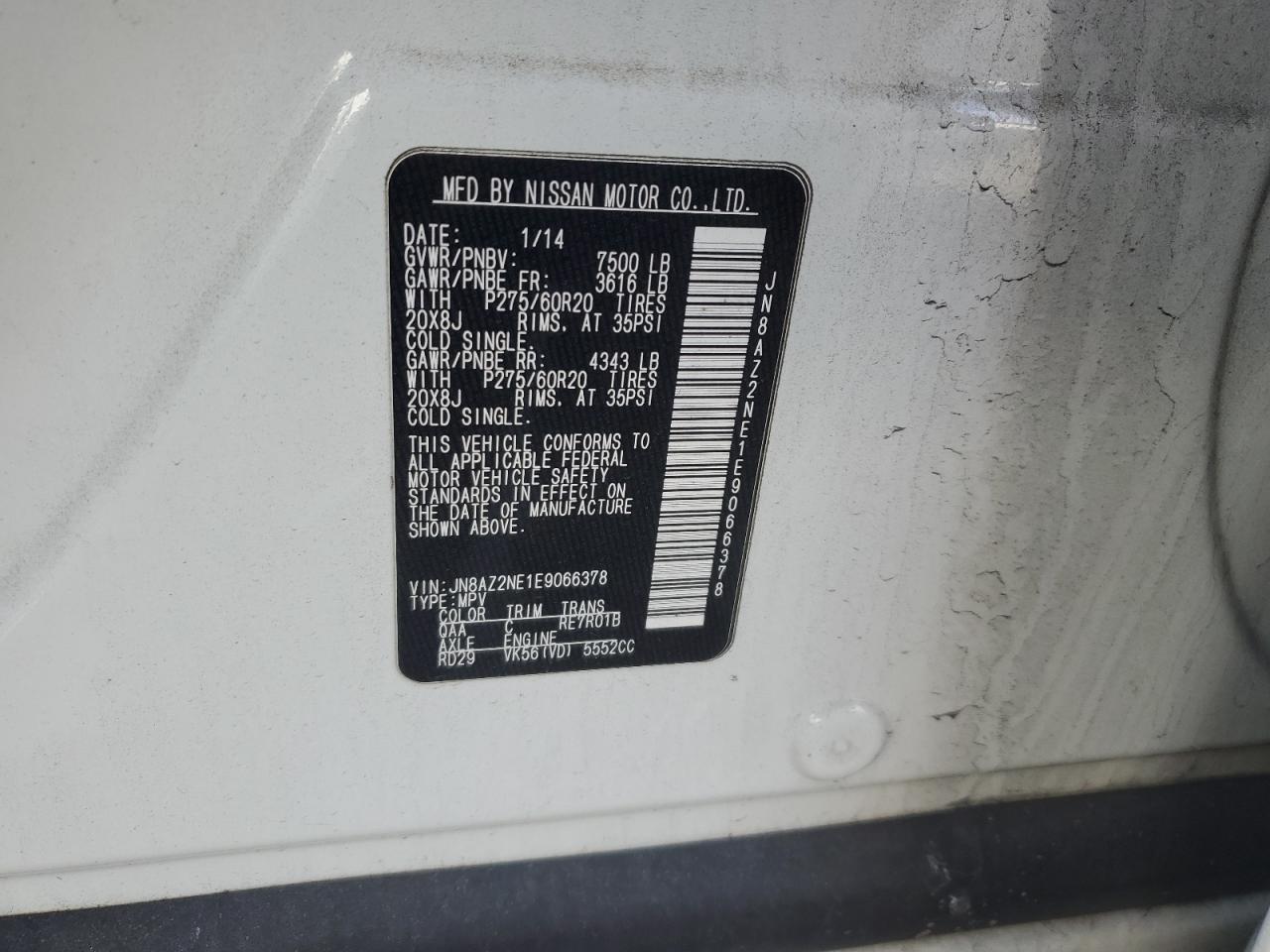 2014 Infiniti QX80 VIN JN8AZ2NE1E9066378 Copart auction photo, front end damage thumbnail 16