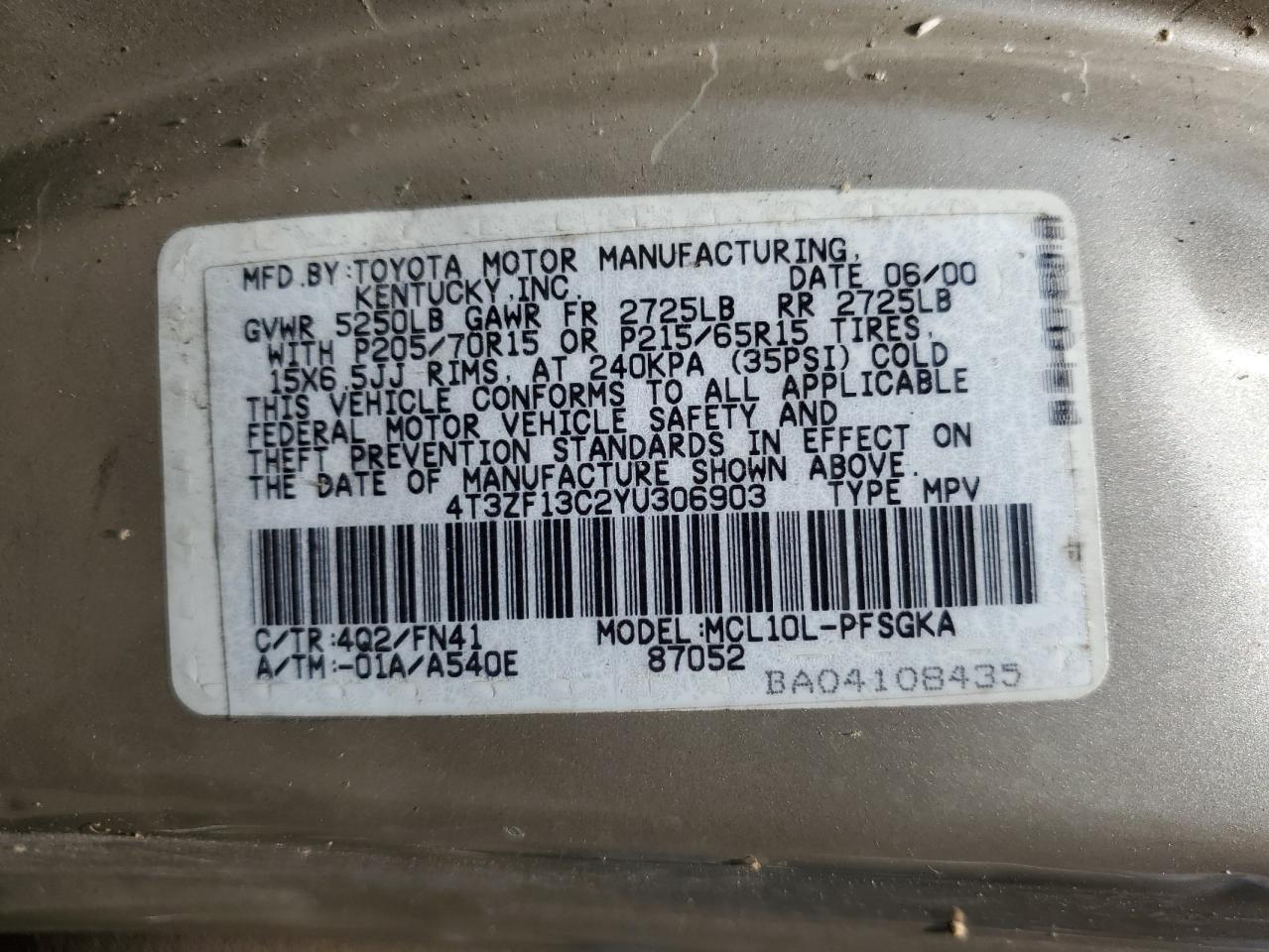 2000 Toyota Sienna VIN 4T3ZF13C2YU306903 Copart auction photo, all over damage thumbnail 16