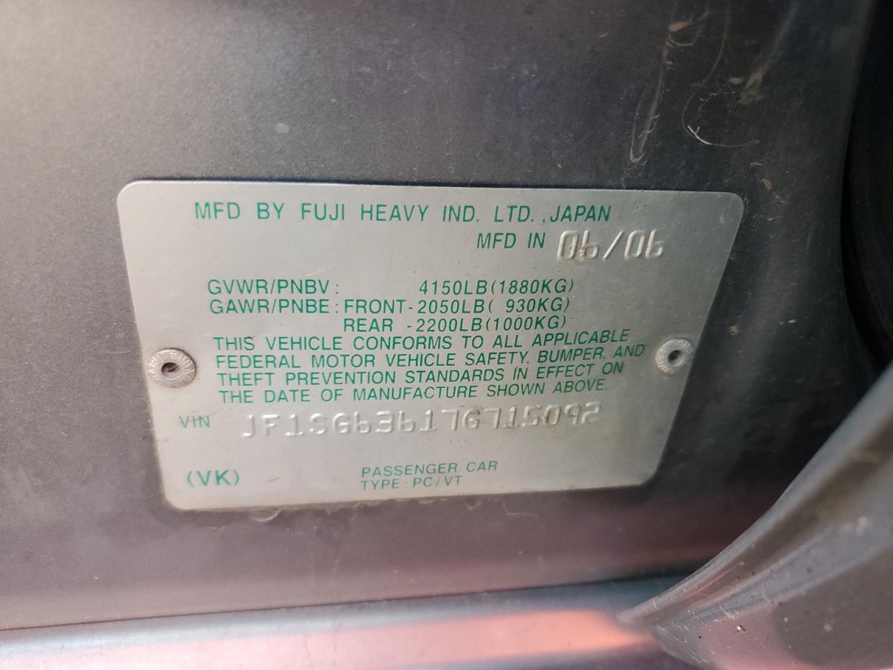 2007 Subaru Forester VIN JF1SG63617G715092 Copart auction photo, rear end / side damage thumbnail 13