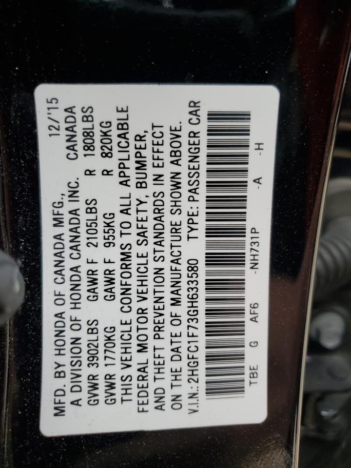 2016 Honda Civic VIN 2HGFC1F73GH633580 Copart auction photo, rear end damage thumbnail 12