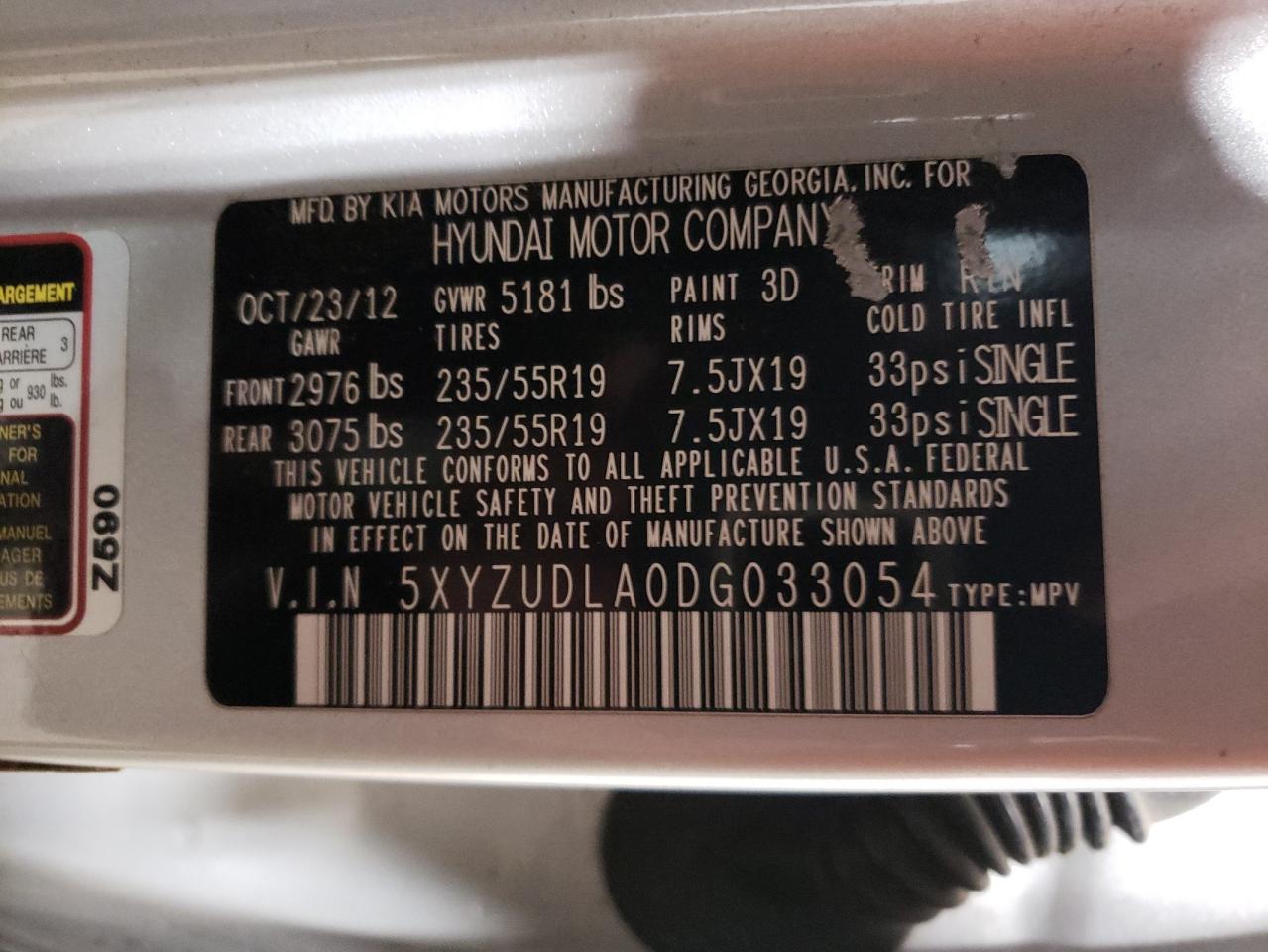 2013 Hyundai Santa Fe VIN 5XYZUDLA0DG033054 Copart auction photo, front end / all over damage thumbnail 13