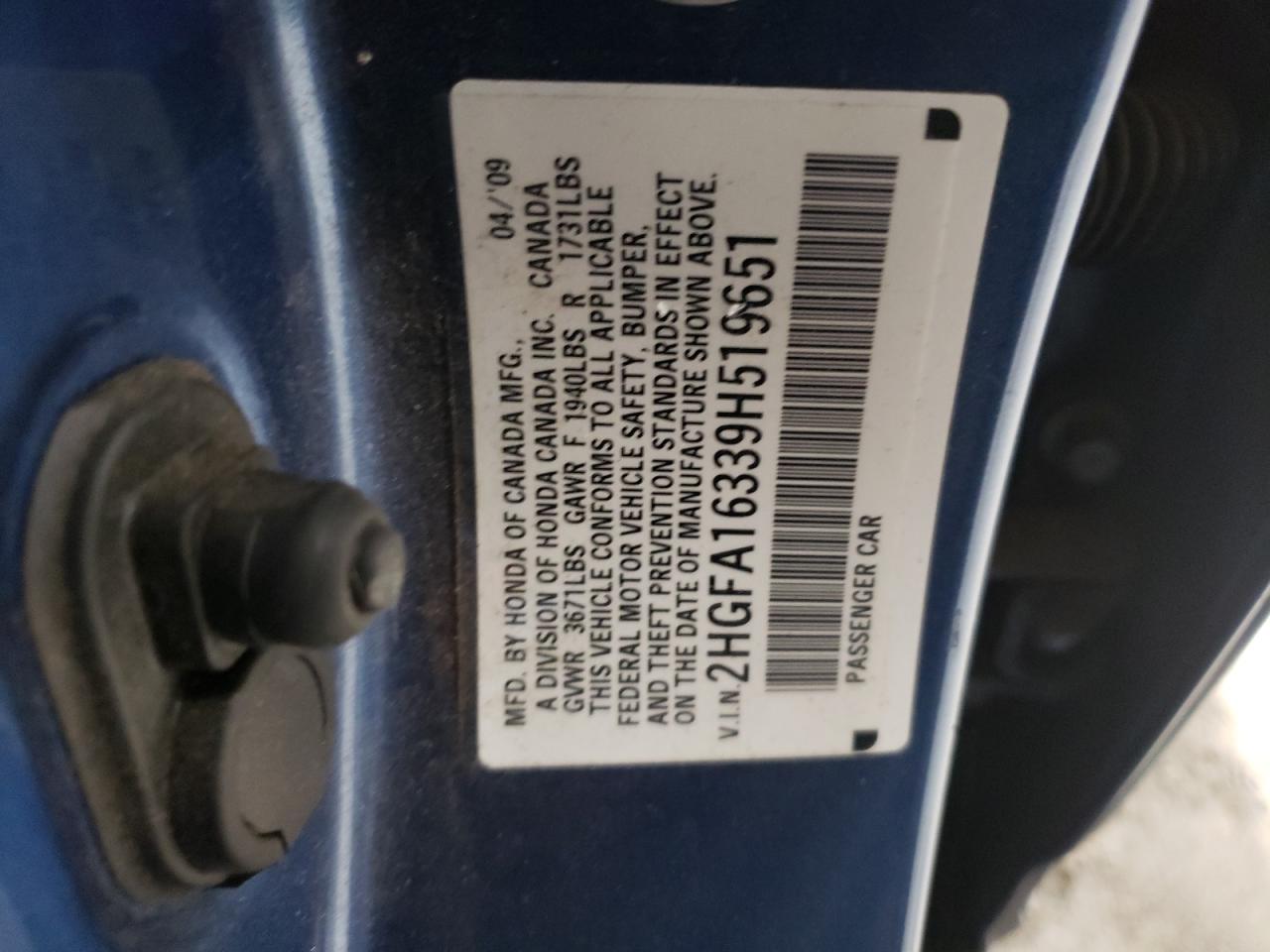2009 Honda Civic VIN 2HGFA16339H519651 Copart auction photo, rear end damage thumbnail 12