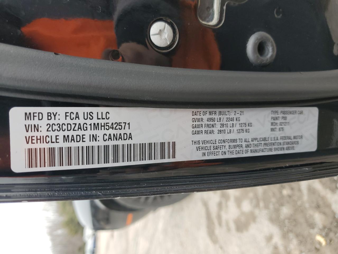 2021 Dodge Challenger VIN 2C3CDZAG1MH542571 Copart auction photo, side / front end damage thumbnail 12