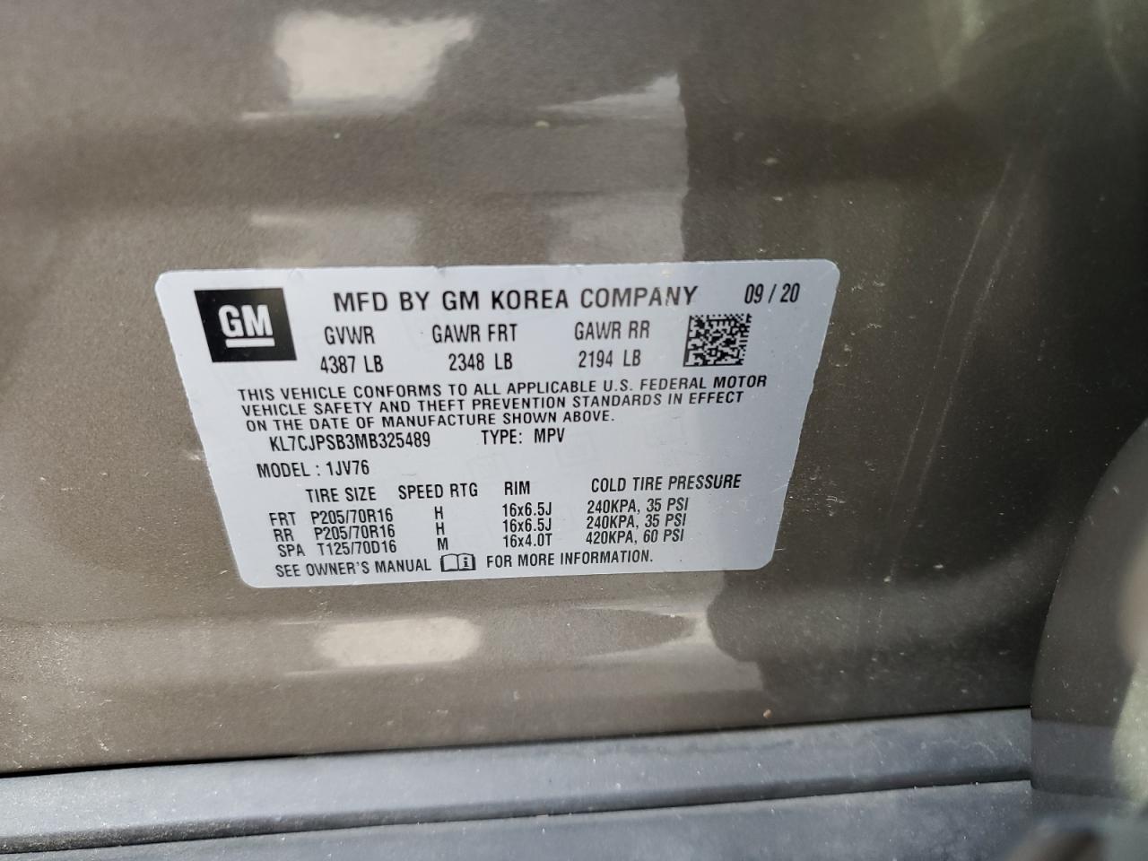 2021 Chevrolet Trax VIN KL7CJPSB3MB325489 Copart auction photo, rear end damage thumbnail 13