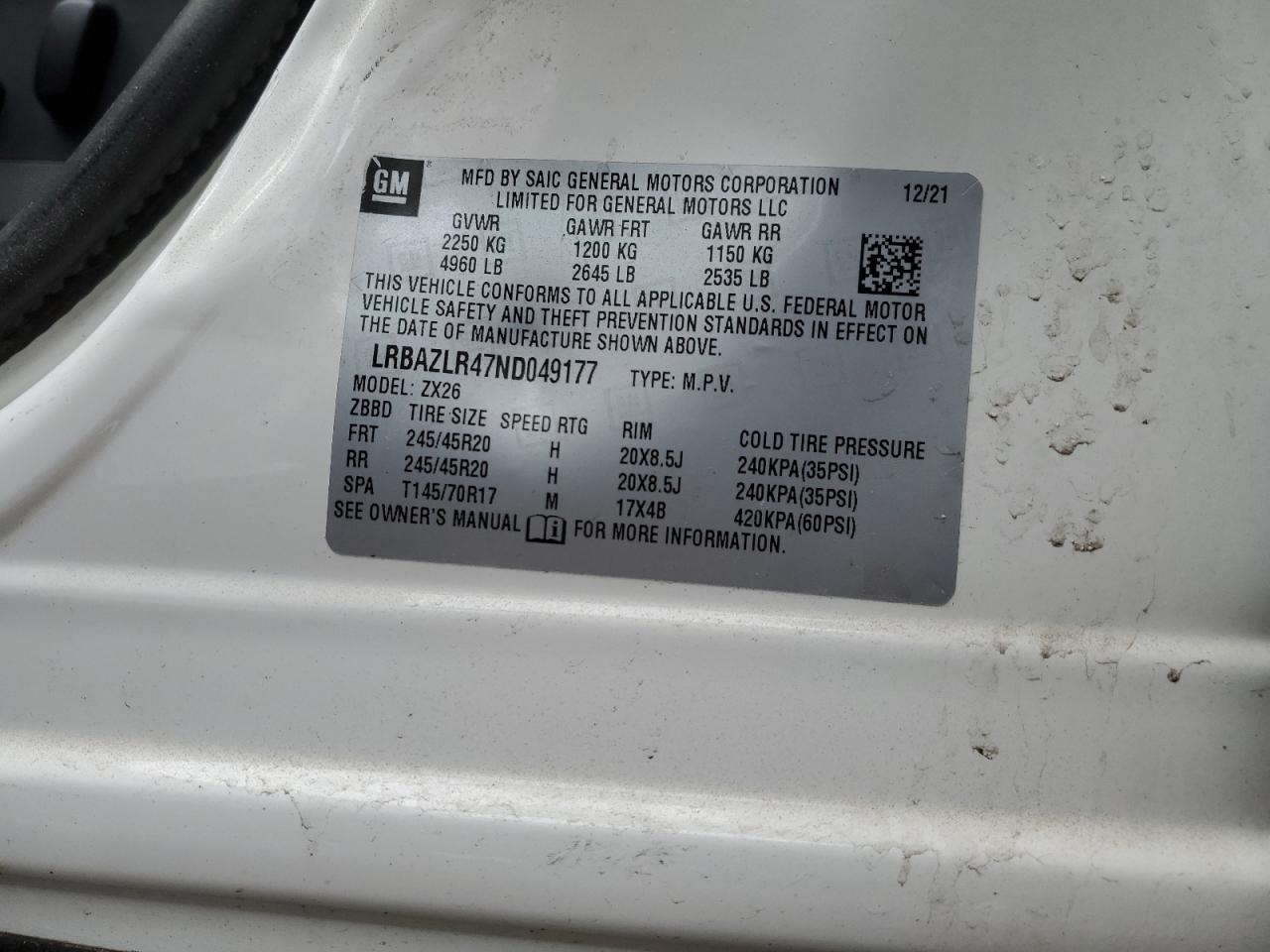 2022 Buick Envision VIN LRBAZLR47ND049177 Copart auction photo, side damage thumbnail 12