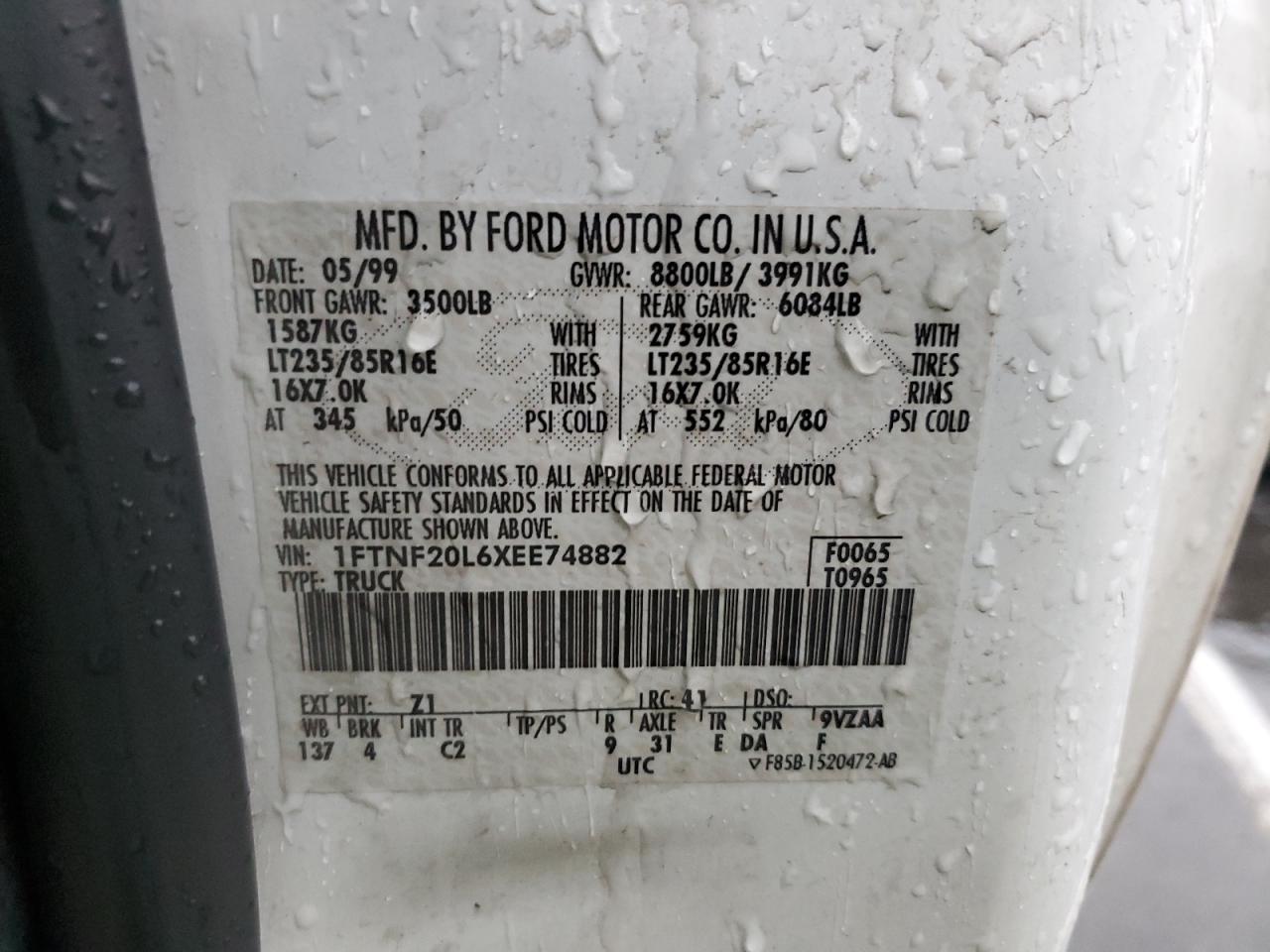 1999 Ford F250 VIN 1FTNF20L6XEE74882 Copart auction photo, mechanical damage thumbnail 12
