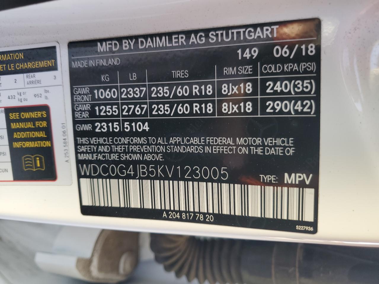 2019 Mercedes-Benz GLC VIN WDC0G4JB5KV123005 Copart auction photo, front end damage thumbnail 15