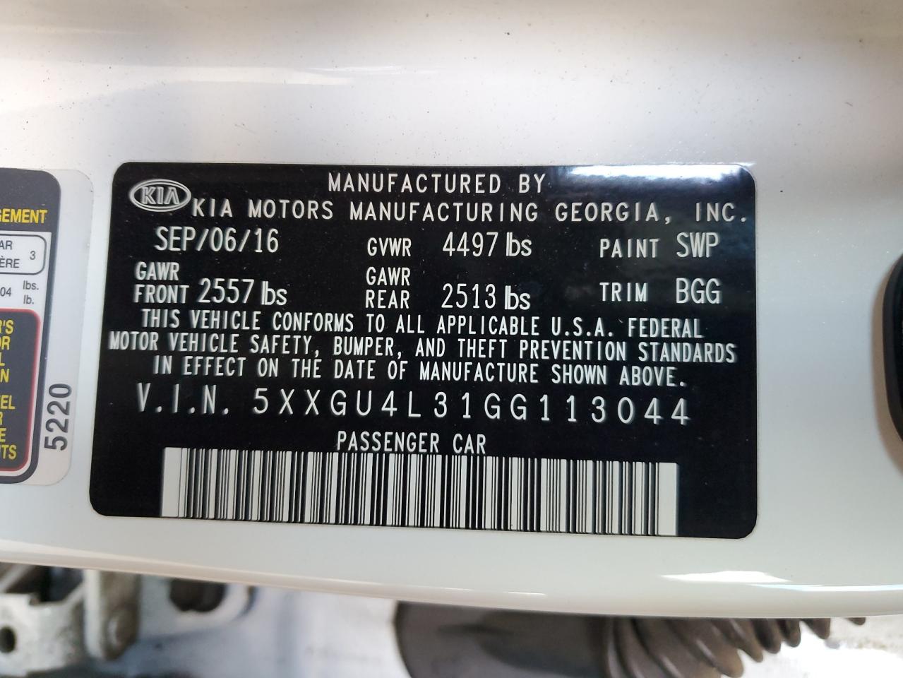 2016 KIA Optima VIN 5XXGU4L31GG113044 Copart auction photo, front end damage thumbnail 14