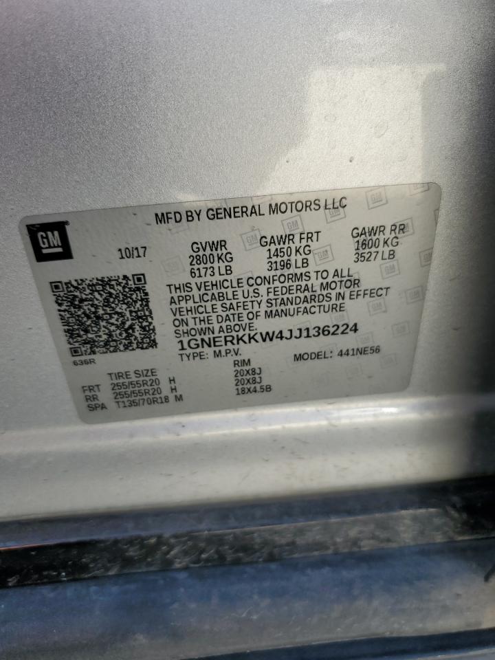 2018 Chevrolet Traverse VIN 1GNERKKW4JJ136224 Copart auction photo, front end / minor dent/scratches damage thumbnail 13