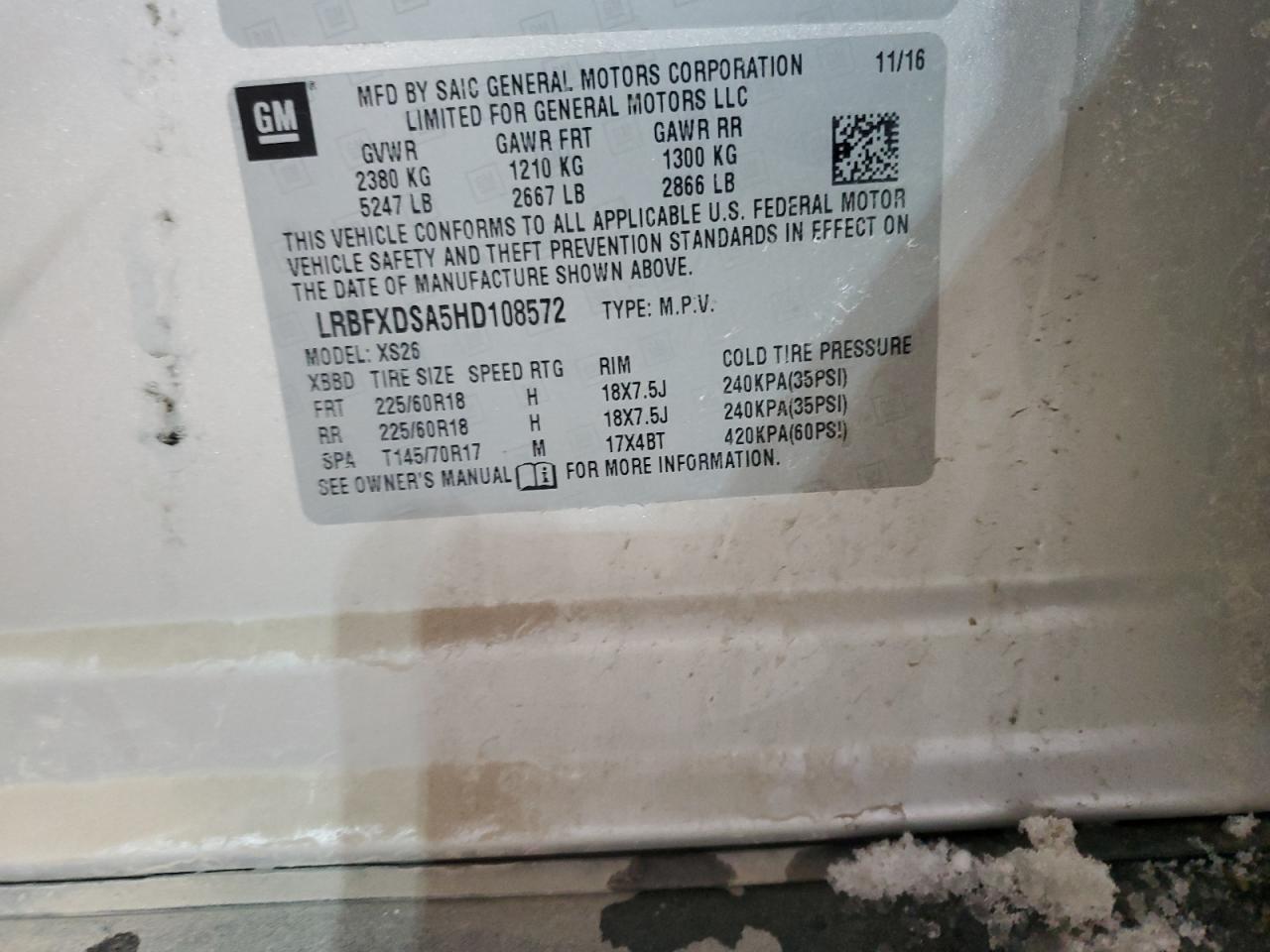 2017 Buick Envision VIN LRBFXDSA5HD108572 Copart auction photo, front end / side damage thumbnail 13
