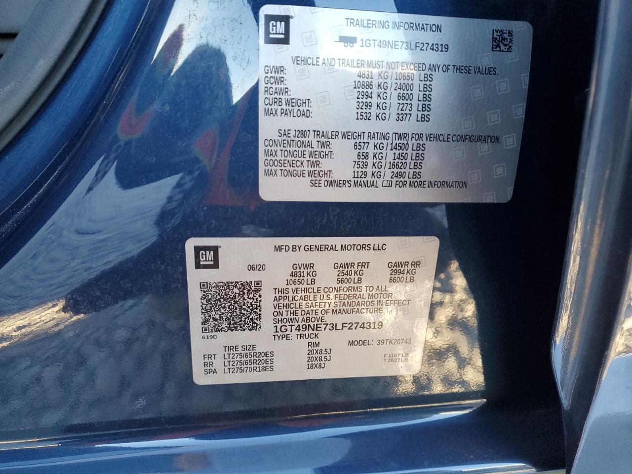 2020 GMC Sierra VIN 1GT49NE73LF274319 Copart auction photo, front end damage thumbnail 14