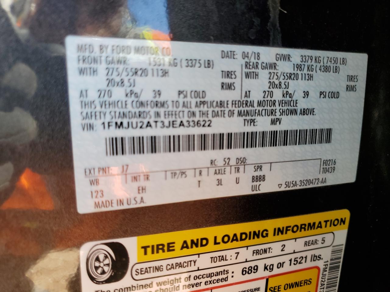 2018 Ford Expedition VIN 1FMJU2AT3JEA33622 Copart auction photo, front end / minor dent/scratches damage thumbnail 14