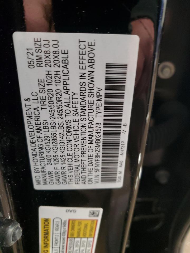 2021 Honda Passport VIN 5FNYF8H23MB024578 Copart auction photo, side damage thumbnail 13