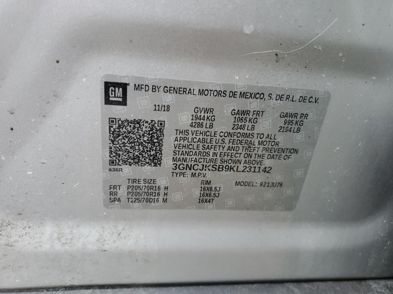 2019 Chevrolet Trax VIN 3GNCJKSB9KL231142 Copart auction photo, rear end damage thumbnail 13