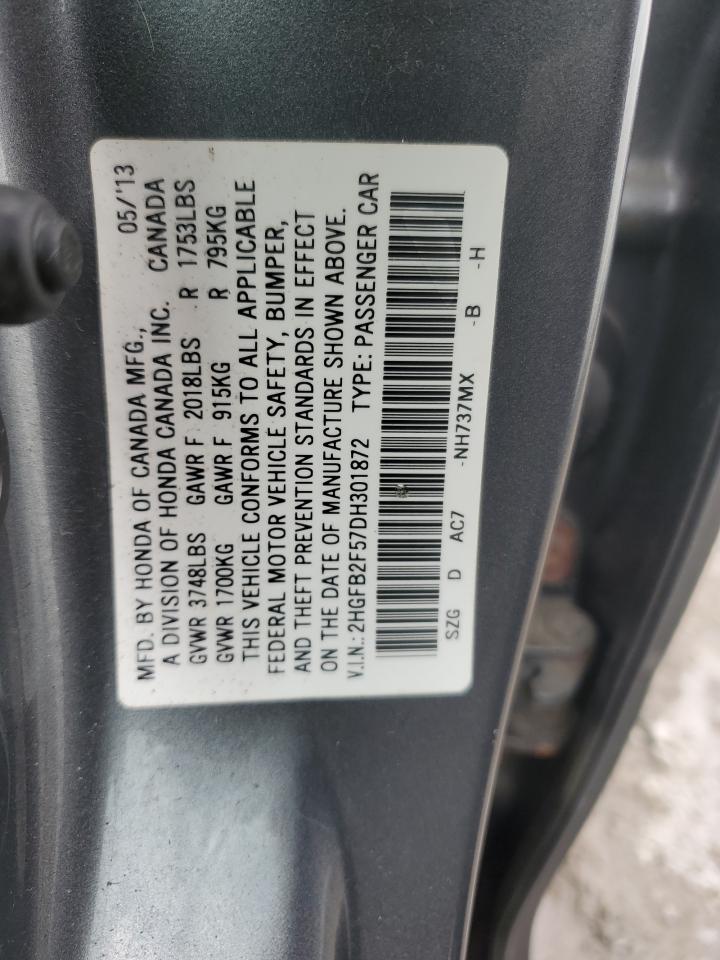 2013 Honda Civic VIN 2HGFB2F57DH301872 Copart auction photo, rear end damage thumbnail 13